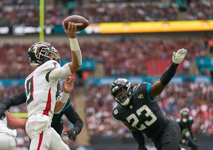 Oct 1, 2023; London, United Kingdom; Atlanta Falcons quarterback Desmond Ridder (9) releases the ball during the first half of an NFL International Series game at Wembley Stadium. Mandatory Credit: Peter van den Berg-USA TODAY Sports